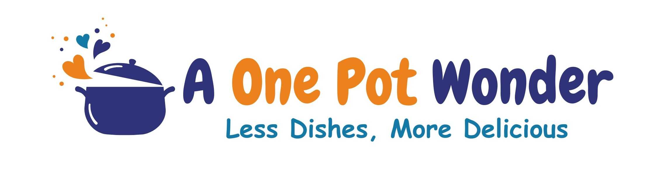 Logo for One Pot Wonder: cooking pot with colorful hearts above, tagline Less Dishes, More Delicious.