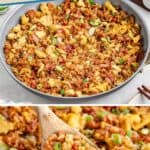 Pan of breakfast fried rice with scrambled eggs, bacon, green onions; wooden spoon serving a portion.