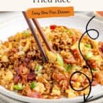 Bacon and egg fried rice garnished with green onions, chopsticks picking up a bite; easy recipe text overlay.