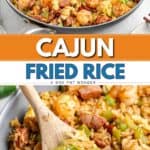 Skillet of Cajun fried rice with shrimp, sausage, vegetables; wooden spoon stirring the colorful mixture.