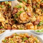 Bowl of Cajun fried rice with shrimp, sausage, green bell peppers, and green onion garnish, wooden spoon inside.