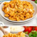 Creamy chicken enchilada rotini pasta on a plate, served with a wooden spoon and fresh green herb garnish.