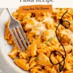 Cheesy chicken enchilada pasta on plate with fork, topped with melted cheese; text advertises easy one-pot dinner.