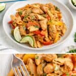 Chicken fajita pasta with bell peppers and lime wedges on a plate; text highlights one-pan recipe.