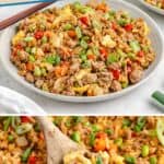 Plate of ground turkey fried rice with vegetables, green onions, and a wooden spoon. Text: Ground Turkey Fried Rice Recipe.
