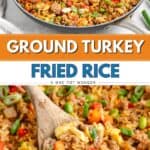 A skillet of ground turkey fried rice with vegetables, scrambled eggs, and green onion garnish.