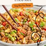 Bowl of ground turkey fried rice with vegetables, eggs, green onions; chopsticks and recipe text overlay included.