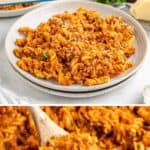 Close-up of rotini pasta with ground turkey and tomato sauce, topped with cheese; wooden spoon serving portion.