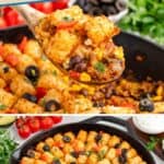 Skillet of Mexican tater tot casserole with olives and cilantro; wooden spoon lifts serving showing beef, corn, beans.