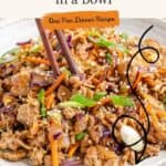 Pork egg roll in a bowl topped with green onions and sesame seeds, chopsticks on top, recipe text overlay.
