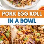 Bowl of pork egg roll in a bowl with cabbage, carrots, green onions, sesame seeds, and wooden spoon.