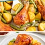 BBQ chicken drumsticks with roasted potatoes and green beans served on a baking tray and plate.