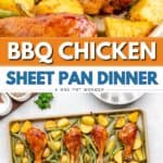 Sheet pan with BBQ chicken drumsticks, green beans, and roasted potatoes, evenly arranged for a complete meal.