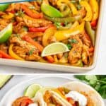 Sheet pan chicken fajitas with sliced peppers, onions, tortillas, sour cream dollops, and lime wedges on the side.