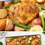 Sheet pan with baked chicken thighs, red potatoes, carrots, and green beans, all seasoned and roasted together.