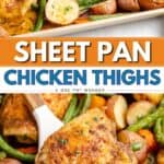Sheet pan with baked chicken thighs, potatoes, carrots, green beans; spatula serving one portion; garnished with herbs.
