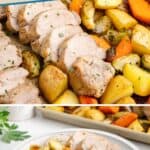 Sliced pork tenderloin with roasted potatoes, carrots, and Brussels sprouts on a baking sheet and white plate.