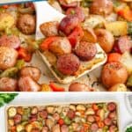Sheet pan of roasted sausage, red potatoes, and mixed bell peppers with a metal spatula.
