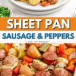 Roasted sausage, potatoes, peppers, and onions with herbs on a white plate.