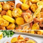 A plate and bowl with shrimp, corn, sausage, potatoes, and lemon slices from a sheet pan shrimp boil.