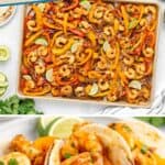 Sheet pan shrimp fajitas with bell peppers, onions, soft tortillas, garnished with lime wedges and fresh cilantro.