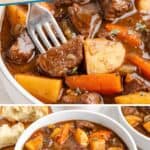 Bowl of beef stew with beef, potatoes, carrots, thick broth, herbs garnish, and a fork beside it.