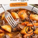 Bowl of beef stew with potatoes, carrots, herbs; fork rests on top. Text overlay: recipe, stovetop dinner.