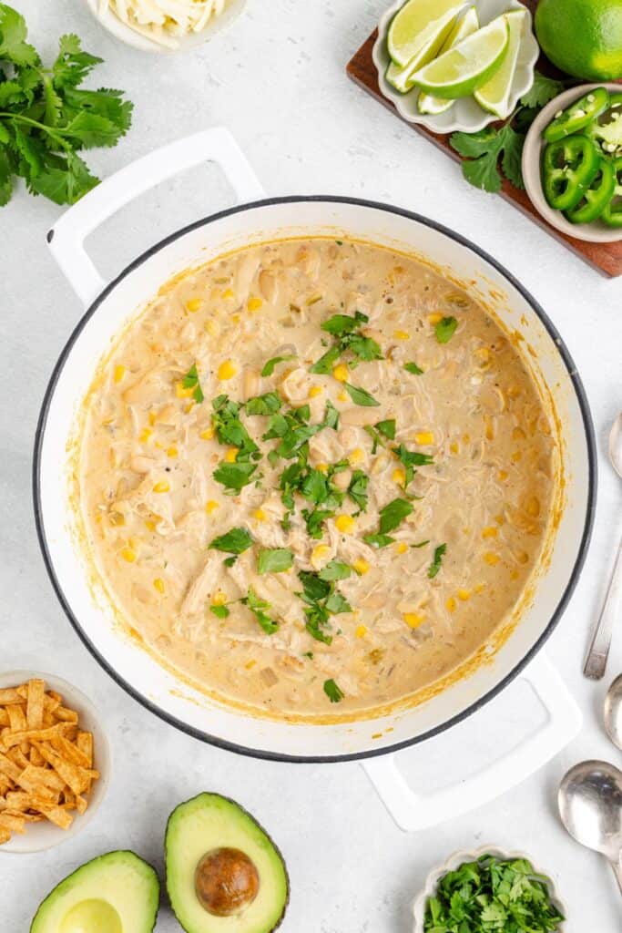 A pot of creamy chicken chili with cilantro, surrounded by avocado, lime, jalapeños, tortilla strips, cheese, and herbs.