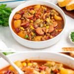 Bowl of Texas cowboy stew with sausage, beans, corn, potatoes, parsley garnish, and bread on the side.