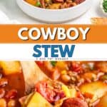 Bowl and ladle of cowboy stew with sausage, beans, potatoes, corn, tomatoes, parsley garnish, and bread slices.