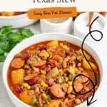 Cowboy Texas stew with beans, meats, and veggies in a bowl, garnished with parsley, near salt and fresh herbs.