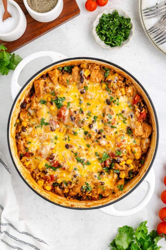 Skillet Mexican Chicken and Rice with fresh cilantro on a light surface among seasonings.