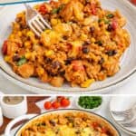 Mexican chicken and rice with beans, corn, tomatoes, peppers, cheese, and herbs in a bowl and pot.