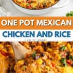 Pot of cheesy Mexican chicken and rice with beans, corn, and tomatoes, garnished with cilantro; a spoon serves a portion.