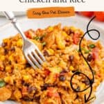 Plate of Mexican chicken and rice with corn, beans, tomatoes, cheese, a fork beside it, and recipe arrows.