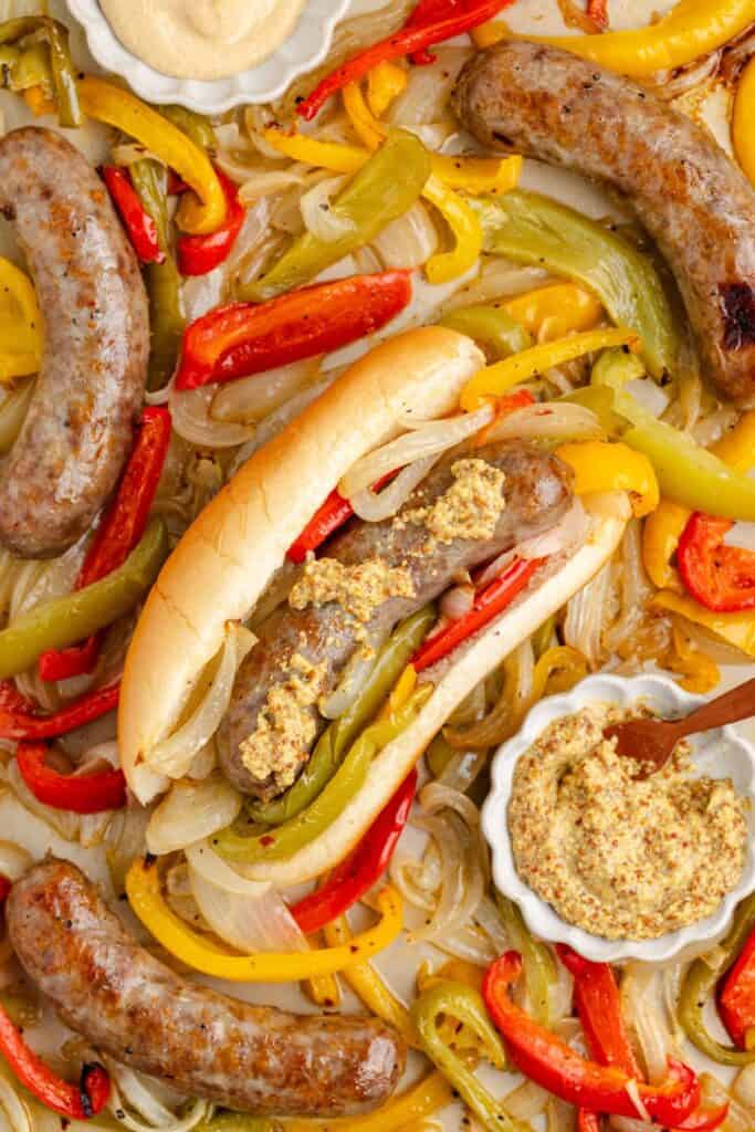 Sausage and Peppers Sheet Pan Meal, plus extra mustard on the side.