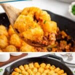 A cast iron skillet of sloppy joe tater tot casserole topped with crispy tots; a wooden spoon serves some.