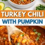 Turkey pumpkin chili bowls topped with avocado, cheese, sour cream, served with cornbread and cilantro garnish.
