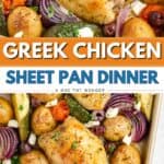 Sheet pan of roasted chicken, potatoes, zucchini, tomatoes, red onion, olives, and feta cheese with parsley.