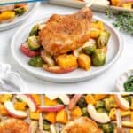 Baked pork chops with Brussels sprouts, apples, and squash on a baking sheet. Text: Sheet Pan Pork Chops Recipe.