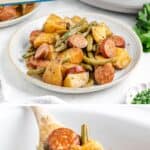 A bowl of swamp potatoes with sausage and green beans, garnished with herbs. Wooden spoon holding a serving.