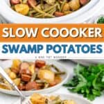 Slow cooker with cooked potatoes, green beans, and sausage; two plates with servings sit below.