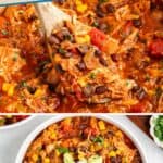 Overhead shot of chicken chili in a bowl with avocado and sour cream, spoon lifting a serving.