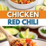 Bowl of chicken red chili with avocado and sour cream, garnished with cilantro and lifted by a wooden spoon.