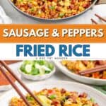 Sausage and pepper fried rice in a skillet and bowls, garnished with green onions; chopsticks lift a serving.