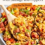Pan of fried rice with sausage, peppers, and green onions being stirred; text promotes easy one-pot dinner recipe.