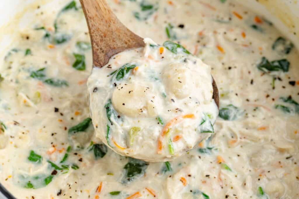 A wooden spoon lifts chicken and gnocchi soup with carrots, spinach, and pepper from a pot.