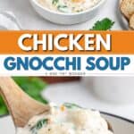 Creamy chicken gnocchi soup with spinach and carrots in a bowl; bread and ladle lifting soup from pot.