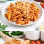 Bowl of penne pasta with chicken, red sauce, melted cheese, herbs; spoon lifting a portion. Text: One Pot Chicken Parmesan Pasta Recipe.