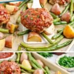 Sheet pan with mini meatloaves, roasted potatoes, and green beans; spatula lifts one meatloaf in close-up views.